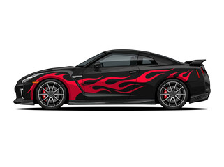 Fototapeta premium Black Performance Sports Car with Red Fire Flame Vinyl Wrap Decal Illustration - Isolated Vector Side View