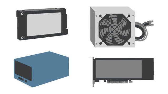 A collection of essential computer hardware components including an SSD, power supply unit, mini PC case, and a graphics card.