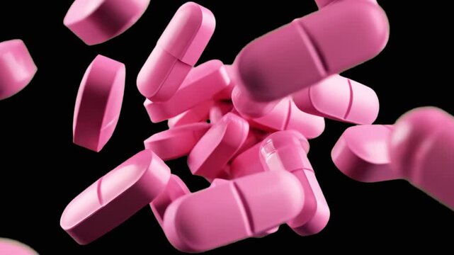 A dynamic pile of bright pink pharmaceutical tablets and capsules isolated on black. This 3D animation represents medicine, healthcare, pharmacy products, or chemical supplements.