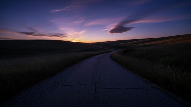 winding country road at sunset over fields, dusky sky