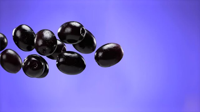 A smooth 3D motion graphics animation of shiny black olives falling through a clean blue gradient background. Well-suited for Mediterranean diet concepts, cooking shows, and organic food promotions.