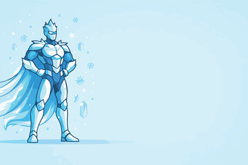Blue ice superhero warrior with frozen crystal armor and flowing cape standing in winter fantasy style, powerful comic character vector illustration on light background. © AbdulRehman