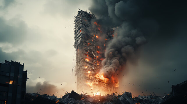 Abstract destruction of fictitious city with fires, explosion, shattered glass and rubble. Concept of war, natural disasters