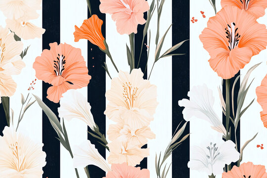 Pattern with gladiolus flowers on bold striped background. Elegant floral illustration featuring coral and cream gladiola blooms with soft green stems over contrasting black and white vertical stripes