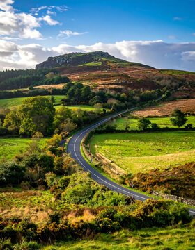 Winding road curves through lush green fields and rolling hills towards a rocky summit under a bright blue sky