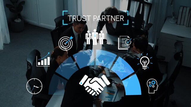 Business meeting with professionals discussing strategy and partnership concepts featuring handshake and icons representing teamwork and innovation. Gluon.