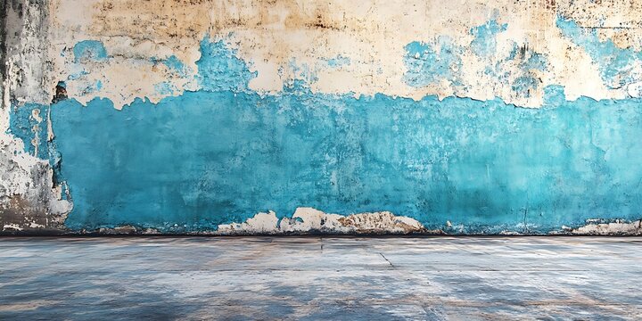 Textured turquoise and off-white peeling plaster wall with a worn concrete floor, creating a distressed urban backdrop