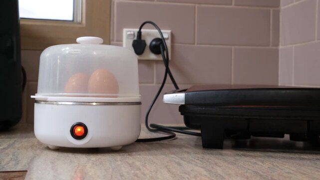 An electric egg cooker in operation, power indicator light is illuminated, chicken eggs are being steamed. Escaping hot steam cause the lid to rattle and lift. Household eletronics on kitchen benchtop