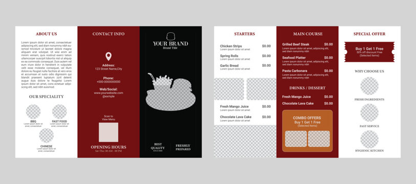 Tri-fold restaurant food menu pamphlet brochure design template. Fast food healthy meal delicious food, dessert, vector tri-fold design in A4 size print-ready template