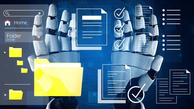 Futuristic Robotic Hand Interacting with Digital Files and Virtual Interface Representing Advanced Technology and Data Management Concepts in a Modern Setting Gluon.