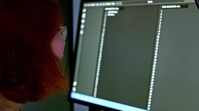 A person wearing glasses points at a large monitor displaying code in a dark-themed editor, focusing on configuration while working on software development