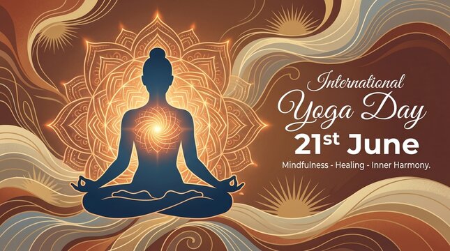 Spiritual meditation silhouette with glowing heart chakra energy and mandala background inspired by international yoga day wellness concept for poster