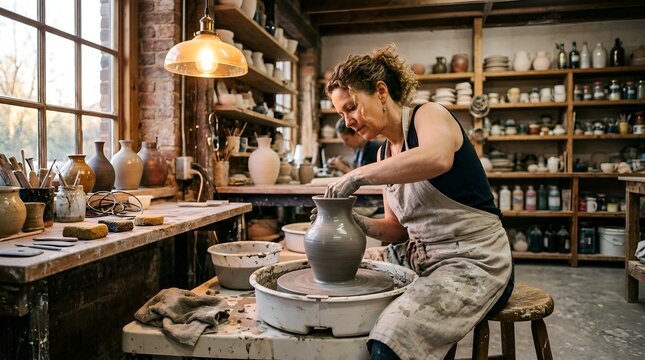Woman Potter Working on a Wheel in a Rustic Studio