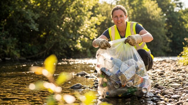 Woman collecting rubbish bag on riverbank