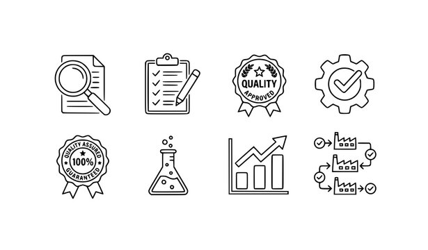Quality control outline icon set with inspection audit testing and certification symbols in editable stroke style