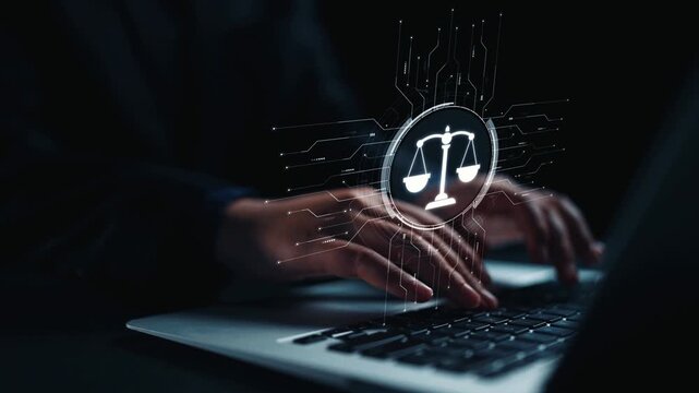 Futuristic digital law interface displaying justice scale, highlighting digital law, AI compliance, digital law systems, and digital law regulations for secure governance. Elide