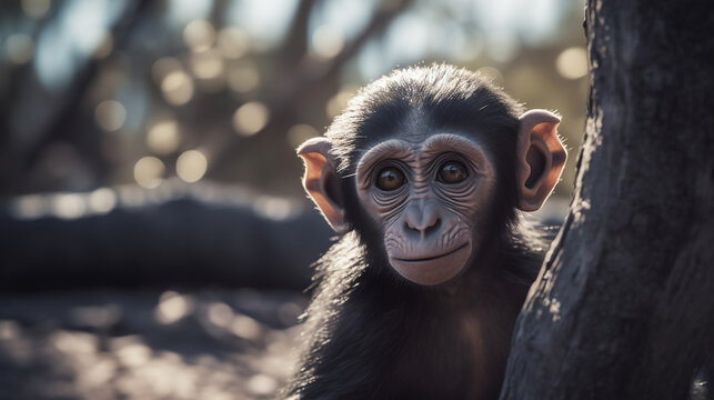 Close up portrait of a happy offspring chimpanzee with a silly grin with room for text