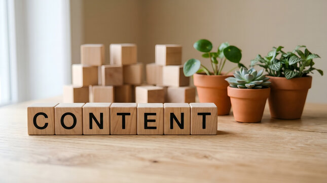 Wooden blocks spelling out the word CONTENT surrounded by potted plants and wooden cubes on a desk, representing creativity and growth