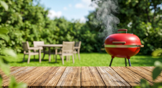 Red grill with smoke in backyard with table and chairs on a sunny day