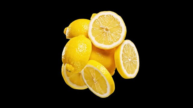 A high-contrast 3D graphic animation of fresh whole lemons and sliced lemon rings falling against a dark black background. Excellent for beverage commercials, culinary videos, and fresh food branding.