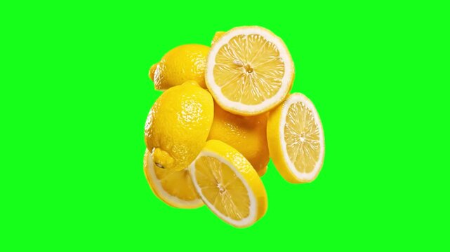 A vibrant animation of whole yellow lemons and fresh lemon slices. Isolated on a chroma key green screen, this asset is ideal for food and beverage commercials, healthy lifestyle content, and summer-t