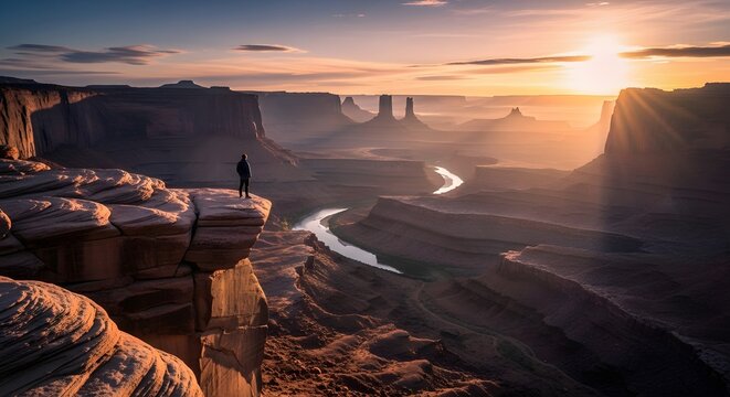 Man standing on a rocky cliff overlooking a vast desert canyon. Outdoor adventure and scenic nature exploration. Tourist observing a winding river at warm golden sunset