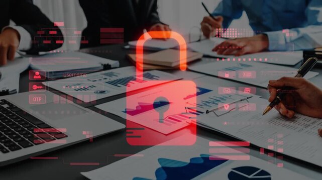 A group of professionals engages in a serious discussion about digital security in an office environment, emphasizing the importance of data protection and risk management. Raster