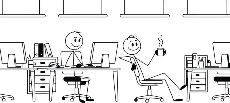 Office workers, stick figures, smoking break, cartoon coworkers, business humor