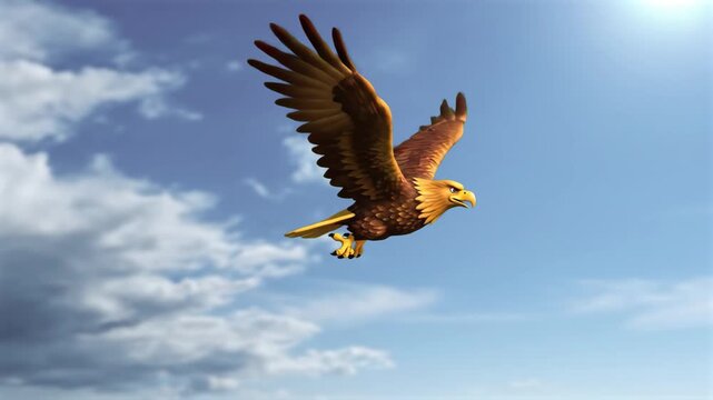 A powerful golden eagle with outstretched wings glides gracefully through a sunny blue sky filled with soft white clouds. The realistic 3D animation captures the natural flight movement of the predato