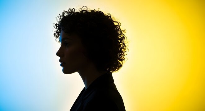Silhouette of a woman profile against blue and yellow light. Diversity and creative expression concept. Human face shadow on a vibrant split color background in a studio setting.
