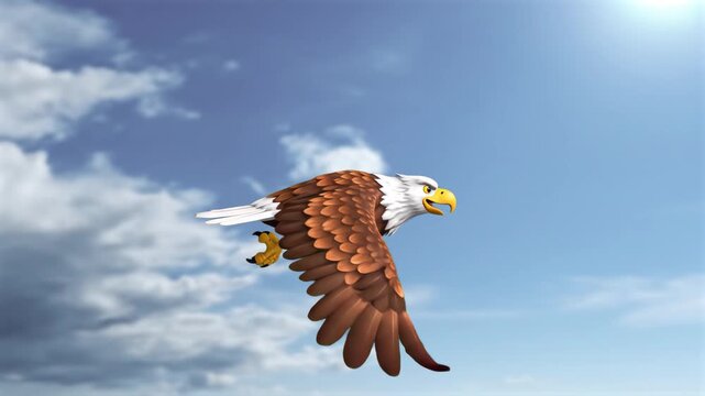 A stylized 3D animation of a majestic bald eagle flapping its wings and soaring high through a bright blue sky filled with white clouds. Ideal for freedom concepts, nature documentaries, and education