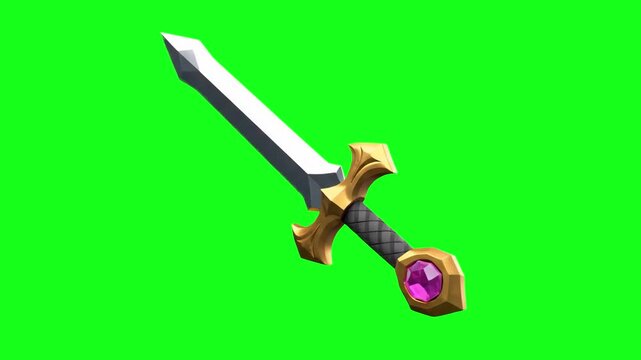 A high-quality 3D animation of a fantasy-style sword featuring a sharp steel blade and a decorative gold hilt with a pink gemstone. Isolated on a chroma key green screen, it is perfect for gaming cont