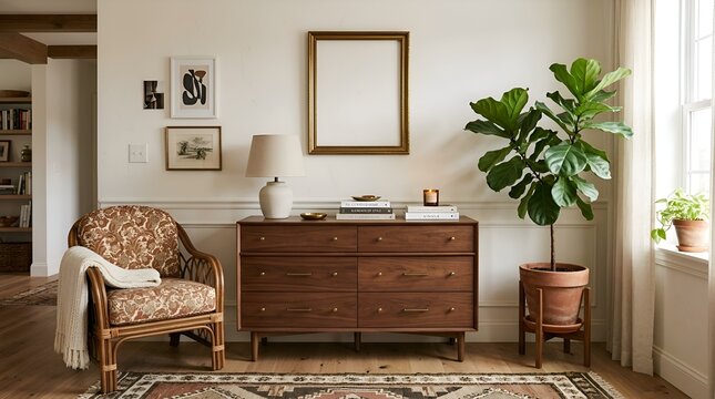 Cozy Living Room Corner with Vintage Chair, Mid-Century Dresser, and Fiddle Leaf Fig Plant