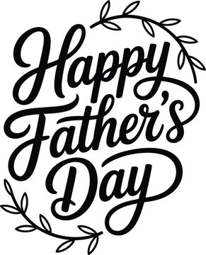 Happy father's day greeting in black calligraphy with leaf accents on transparent background.