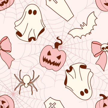 Seamless Halloween Pattern with Ghost Pumpkin Spider Web Cute Pastel Background