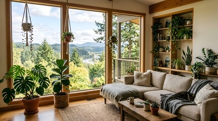 Fototapeta premium Cozy living room with large windows, lush houseplants, and scenic forest view