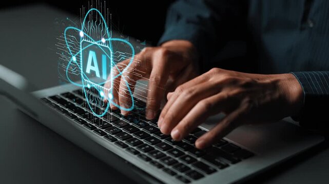 Hands Typing on Laptop with AI Graphics Overlay Representing Artificial Intelligence Technology and Digital Innovation in Modern Workplace Sigmoid
