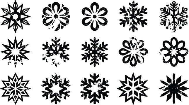 Collection of black snowflakes on for winter designs