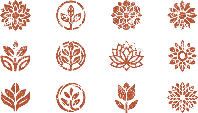 Red floral and leaf icons with distressed texture