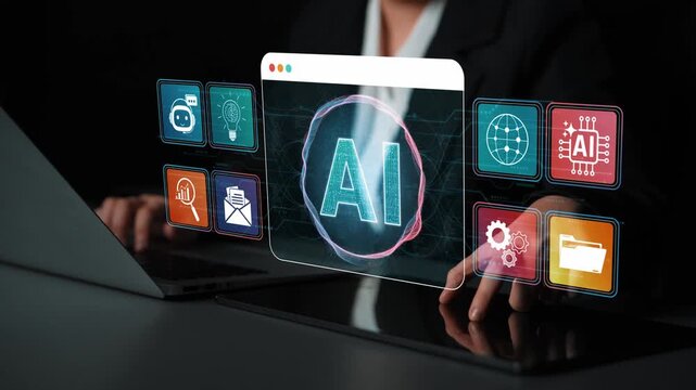 Focus on Artificial Intelligence Concept with Hand on Laptop and Digital Icons Signifying AI Technology and Future Innovations in Modern Workplace Sigmoid