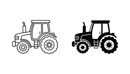 Modern farm tractor vehicle vector icon set featuring both outline and solid silhouette design styles isolated on white background for agricultural industry or farming related graphic projects © Visual
