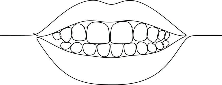 Human mouth with teeth and gums line art drawing for dental health hygiene and dentistry medical concept
