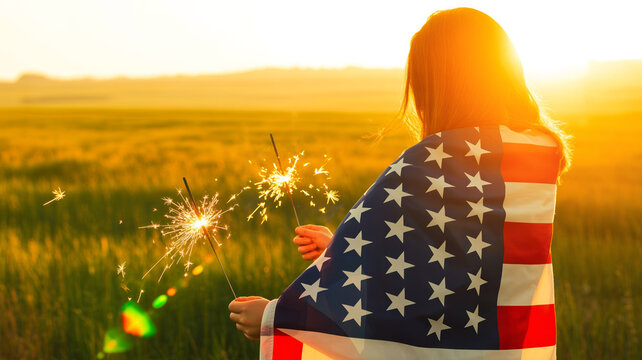 Woman wrapped in american flag holding sparklers in a field