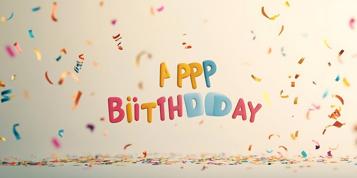 Colorful clay letters spelling happy birthday floating with falling festive confetti