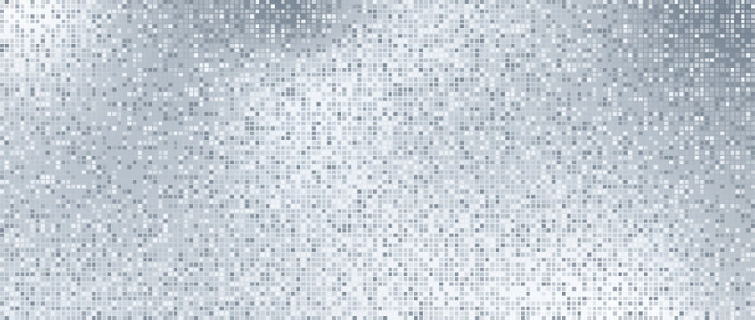 Shiny silver sequin disco ball pattern with reflective square tiles, sparkle light effect and retro glamour style.