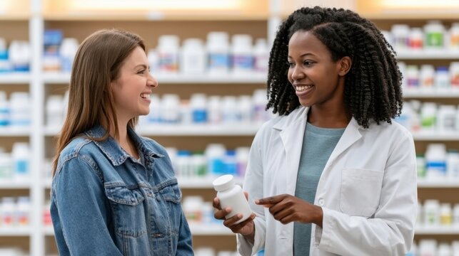 Friendly Pharmacist Assisting Customer with Prescription Medication in Pharmacy Store Interior Setting