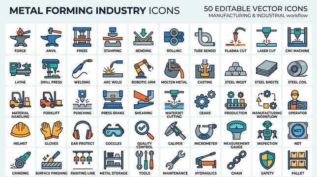 Metal forming industry icons and manufacturing symbols