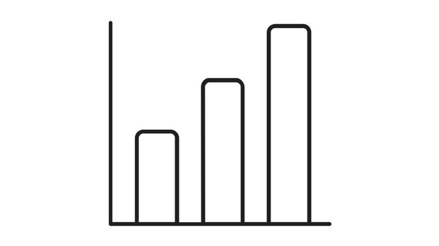 Minimalist vector icon illustration of a simple bar graph featuring three vertical bars of increasing heights, representing business growth, data analysis, and financial success trends.