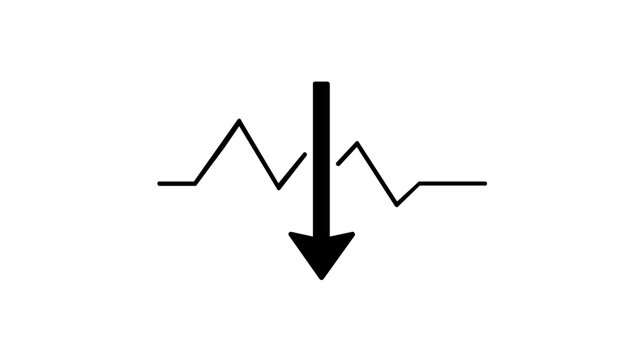Vector illustration of a stock market crash icon featuring a bold downward arrow cutting through a financial ticker line, representing short selling, economic decline, and business loss.