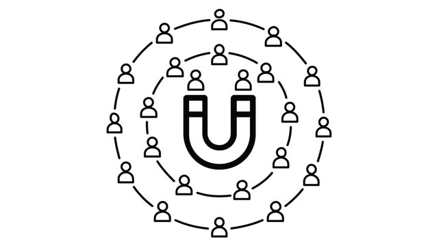 Talent acquisition vector illustration featuring a horseshoe magnet attracting multiple user profile icons in concentric circles. Clean minimalist line art for recruitment and marketing.